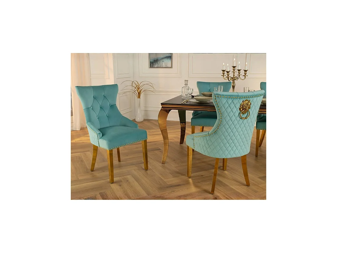 Lot de 2 chaises Chesterfield REGINA bleu turquoise en velours capitonné – Tête de lion et pieds dorés