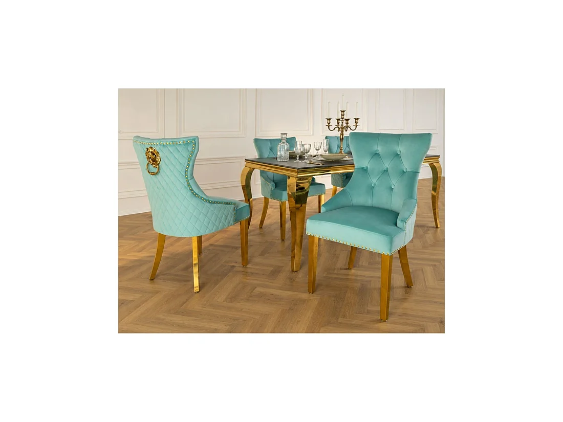 Lot de 2 chaises Chesterfield REGINA bleu turquoise en velours capitonné – Tête de lion et pieds dorés