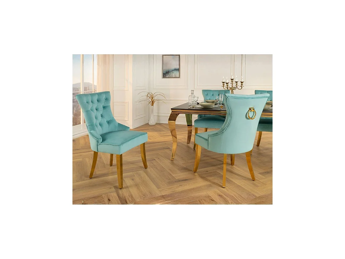 Lot de 2 chaises Chesterfield REGINA bleu turquoise en velours capitonné – Anneau et pieds dorés