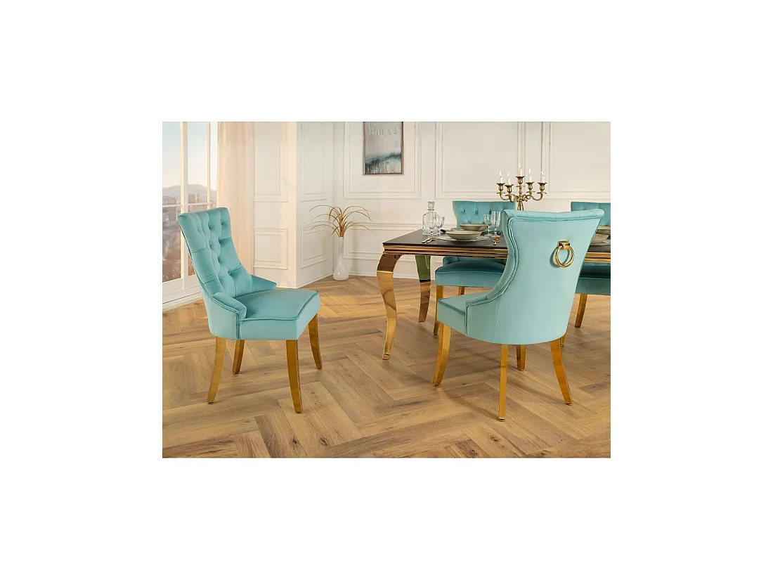 Lot de 2 chaises Chesterfield REGINA bleu turquoise en velours capitonné – Anneau et pieds dorés