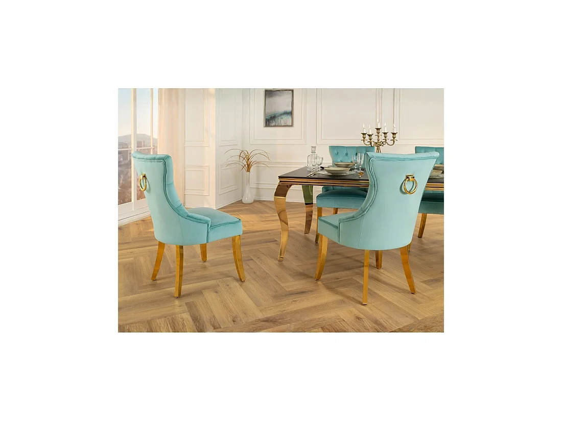Lot de 2 chaises Chesterfield REGINA bleu turquoise en velours capitonné – Anneau et pieds dorés