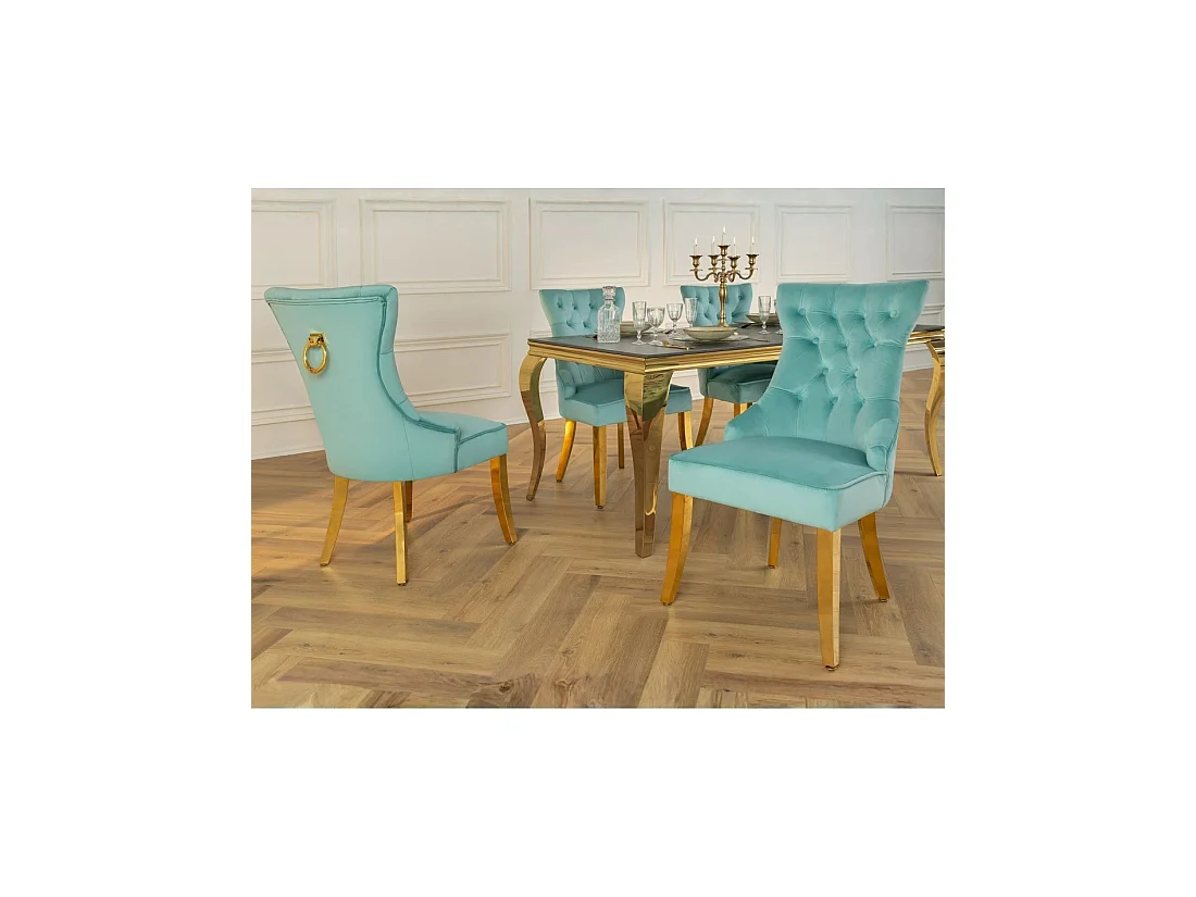 Lot de 2 chaises Chesterfield REGINA bleu turquoise en velours capitonné – Anneau et pieds dorés