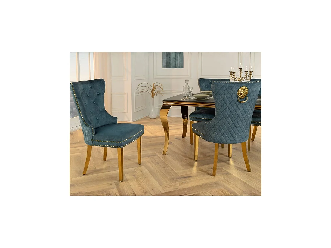 Lot de 2 chaises Chesterfield REGINA bleu pétrole en velours capitonné – Tête de lion dorée, clous décoratifs et pieds acier