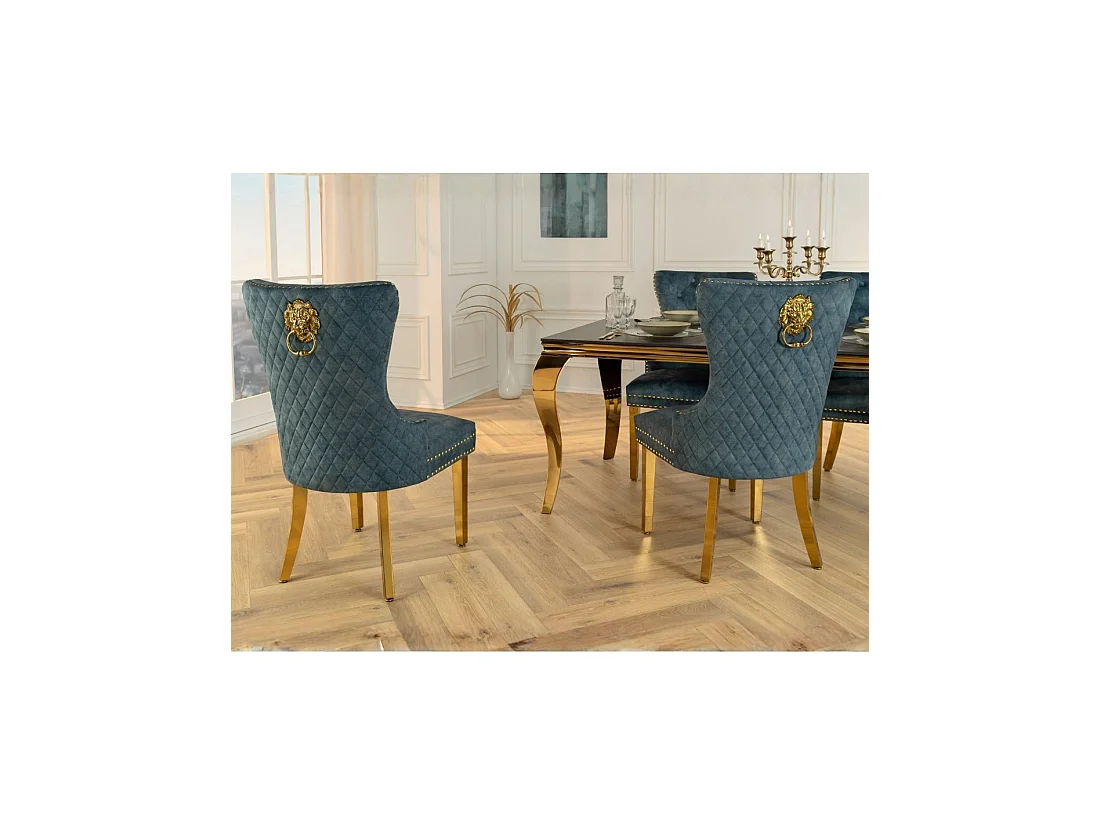 Lot de 2 chaises Chesterfield REGINA bleu pétrole en velours capitonné – Tête de lion dorée, clous décoratifs et pieds acier