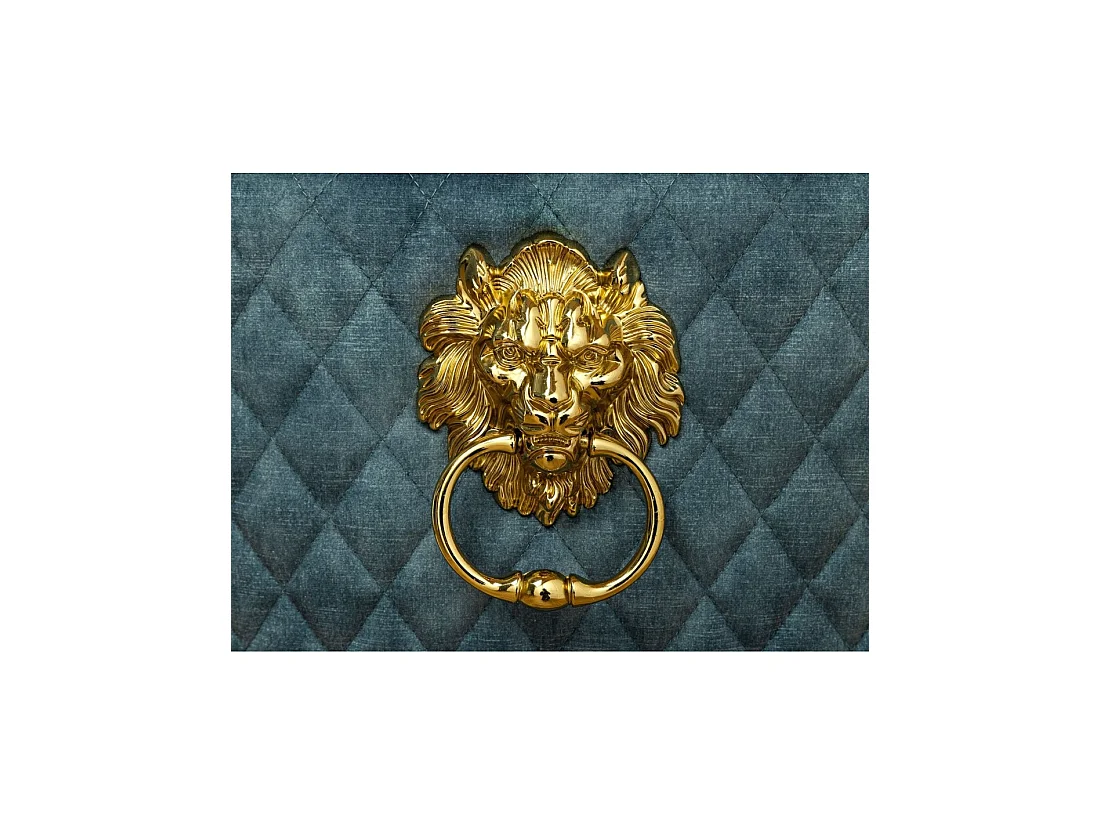 Lot de 2 chaises Chesterfield REGINA bleu pétrole en velours capitonné – Tête de lion dorée, clous décoratifs et pieds acier