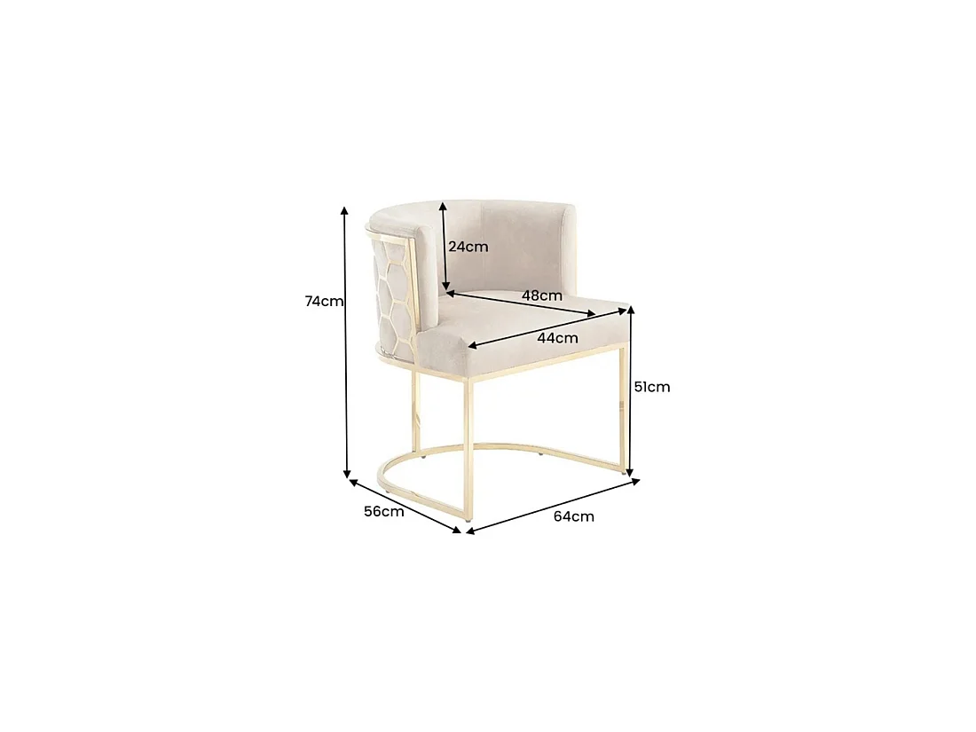 Stoel VELTO beige in fluweel - Glanzend gouden structuur, armleuningen en rugleuning met honingraat grafisch patroon