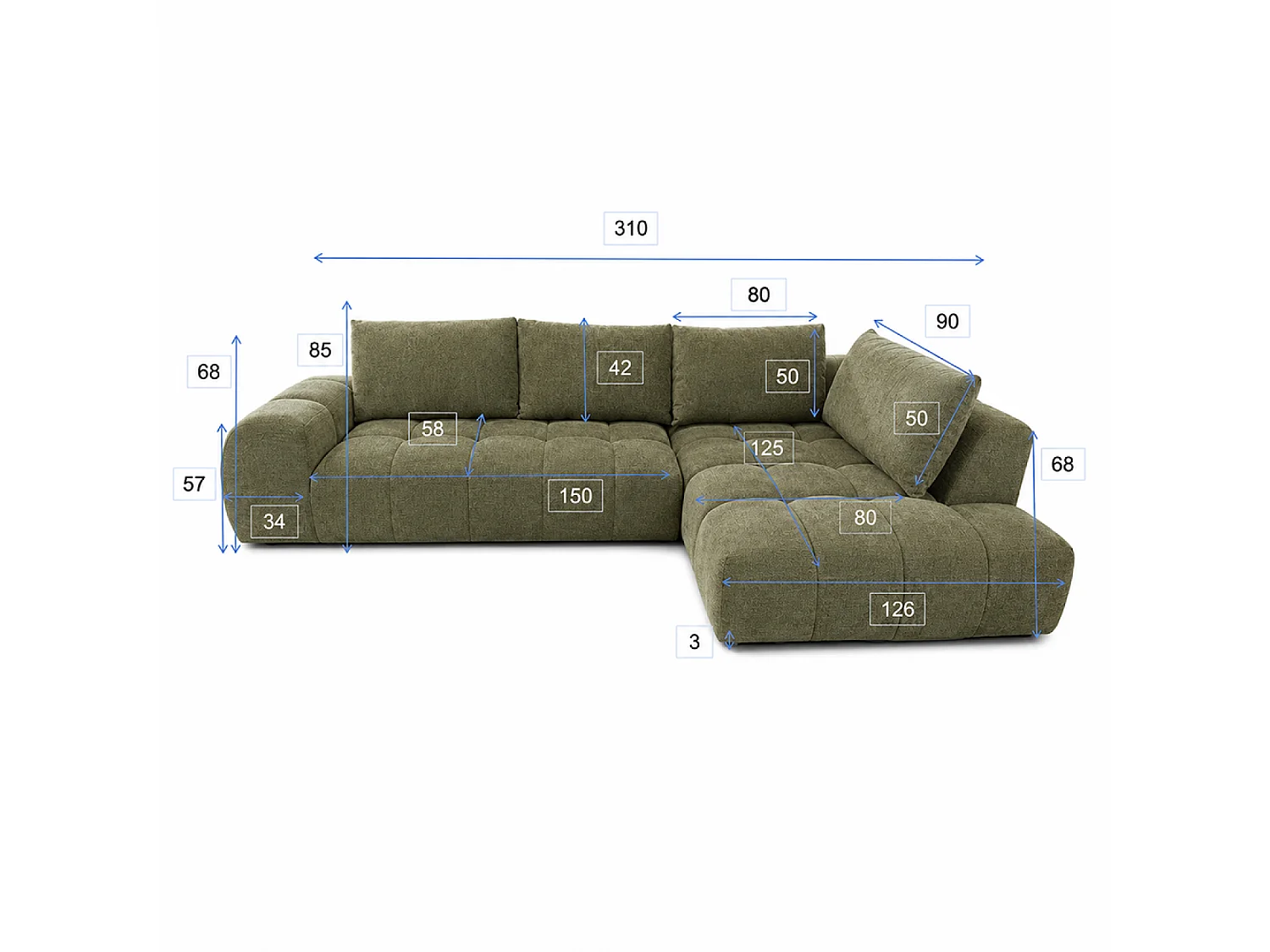 Canapé d'angle nuage 5 places en tissu chenille vert CHESTER