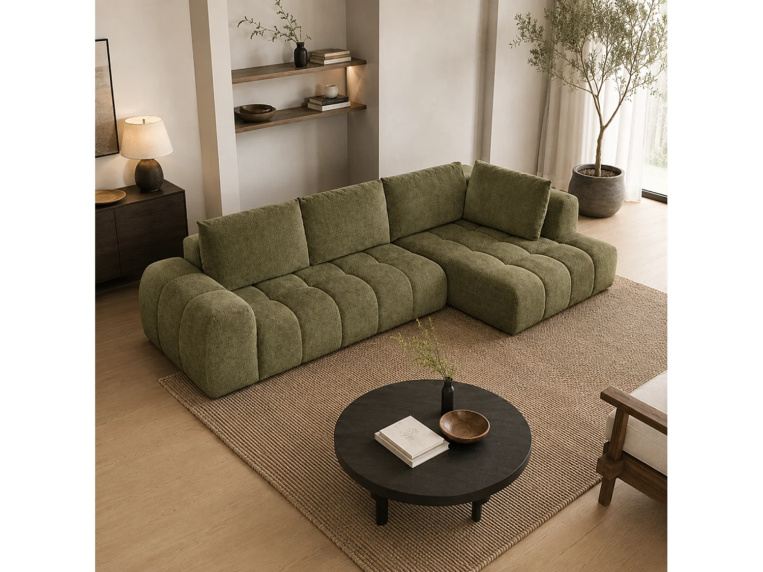 Canapé d'angle nuage 5 places en tissu chenille vert CHESTER