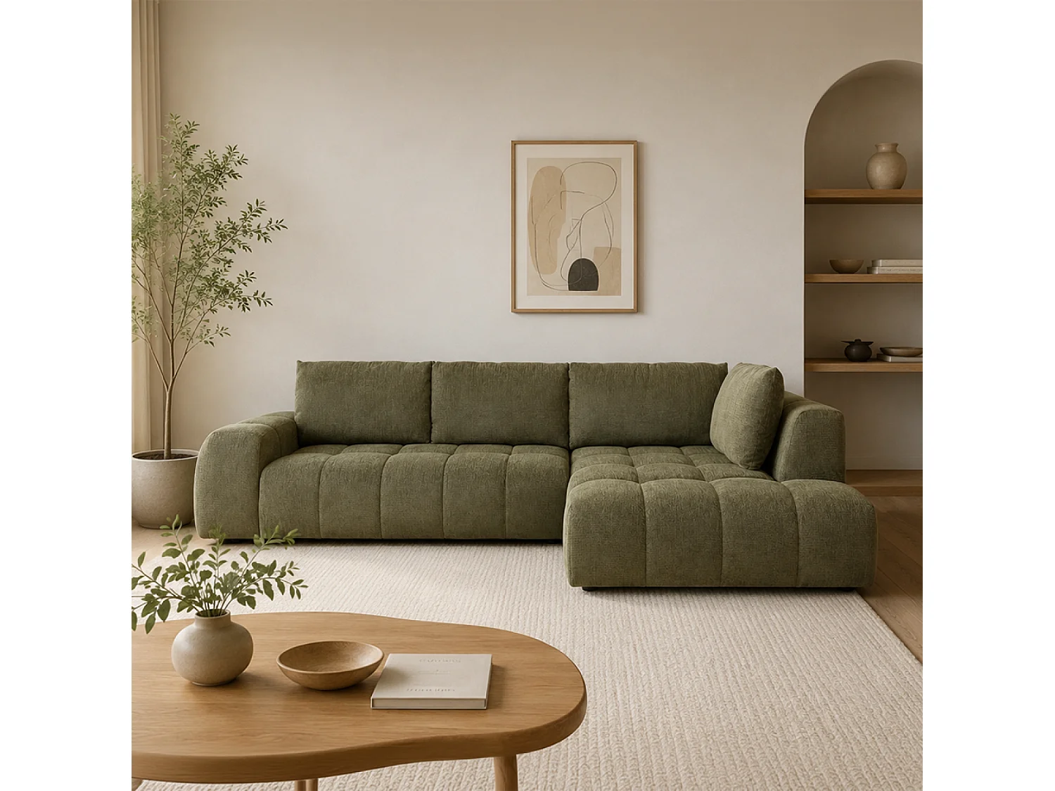 Canapé d'angle nuage 5 places en tissu chenille vert CHESTER