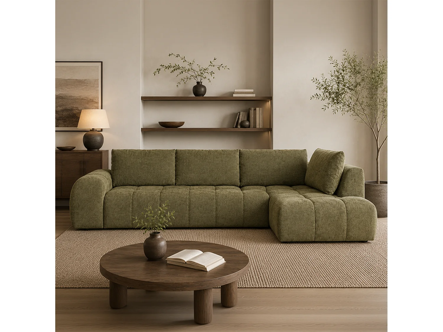 Canapé d'angle nuage 5 places en tissu chenille vert CHESTER
