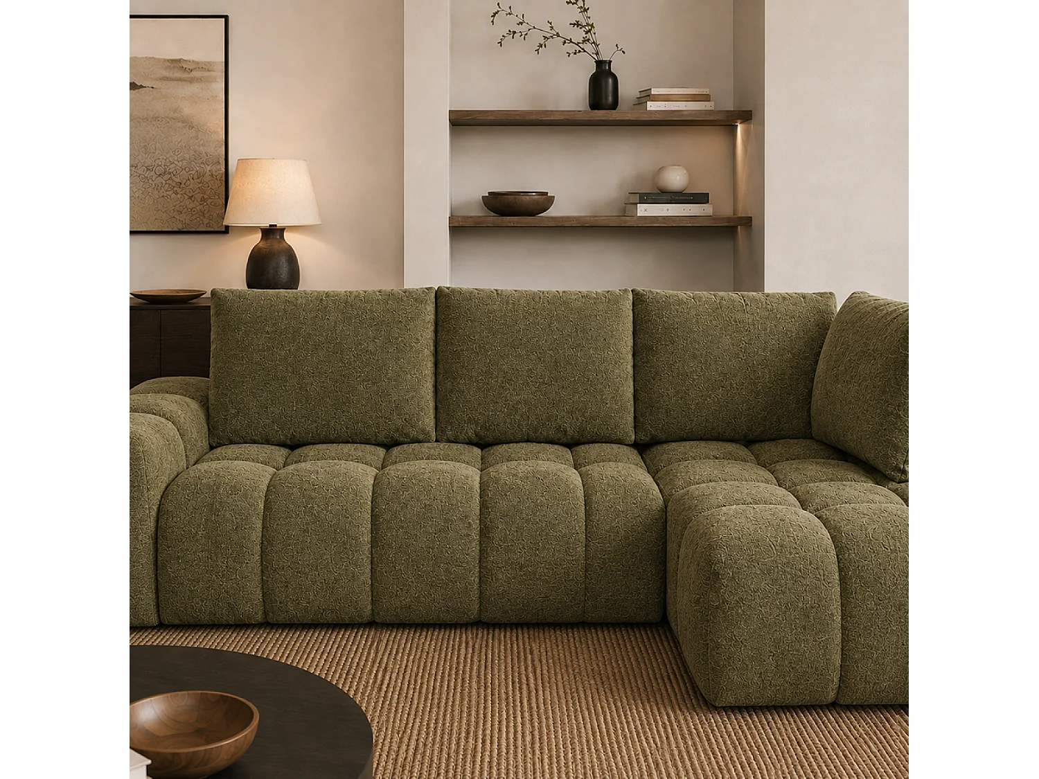 Canapé d'angle nuage 5 places en tissu chenille vert CHESTER