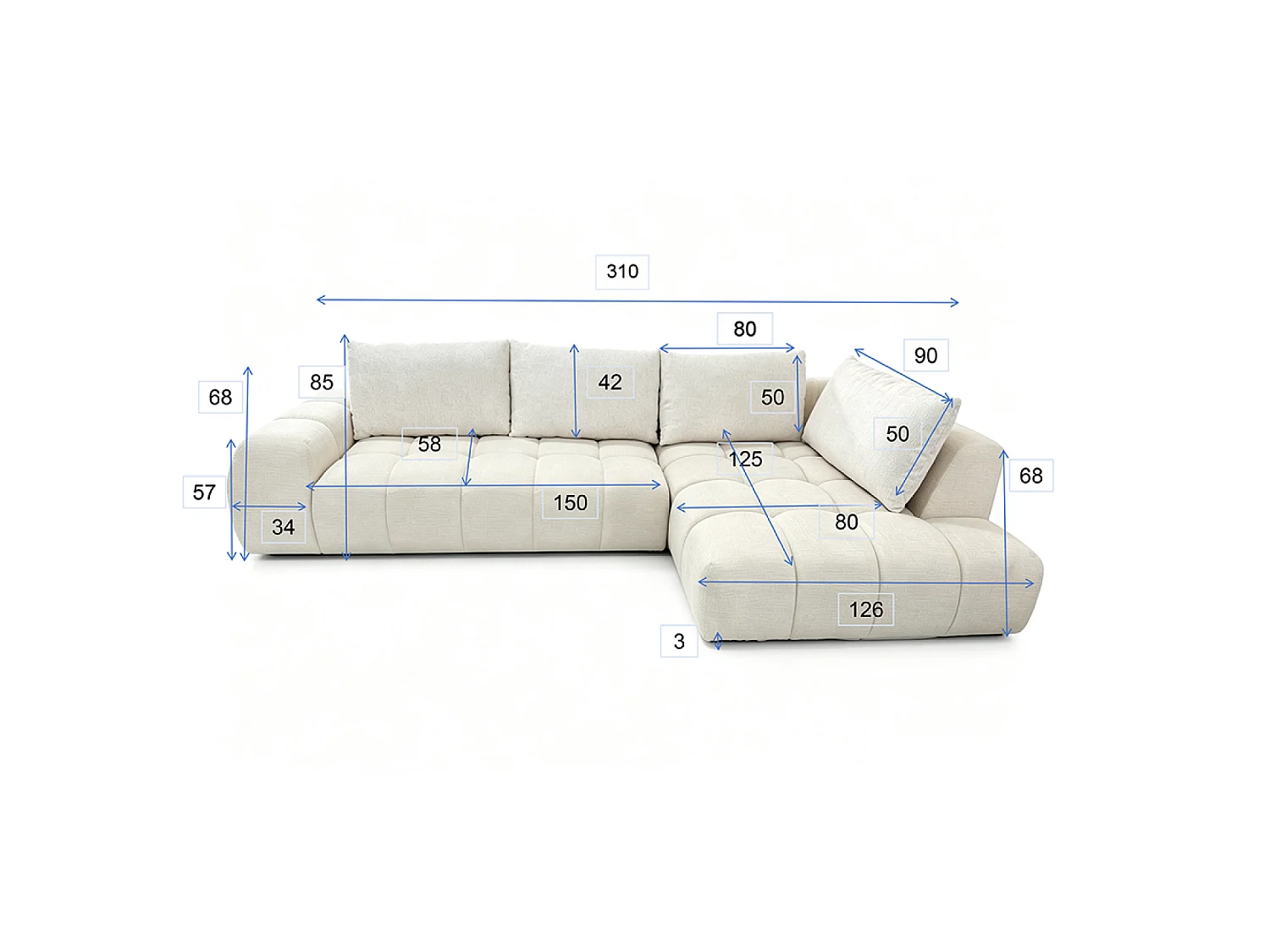 Canapé d'angle nuage 5 places en tissu chenille beige CHESTER
