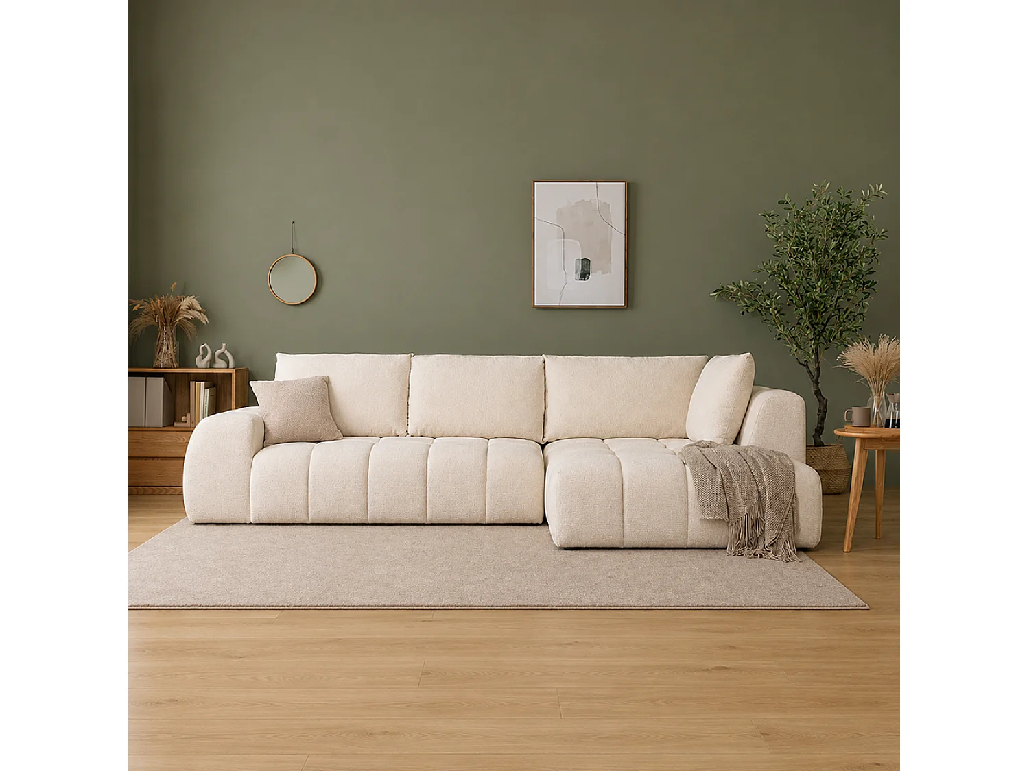 Canapé d'angle nuage 5 places en tissu chenille beige CHESTER