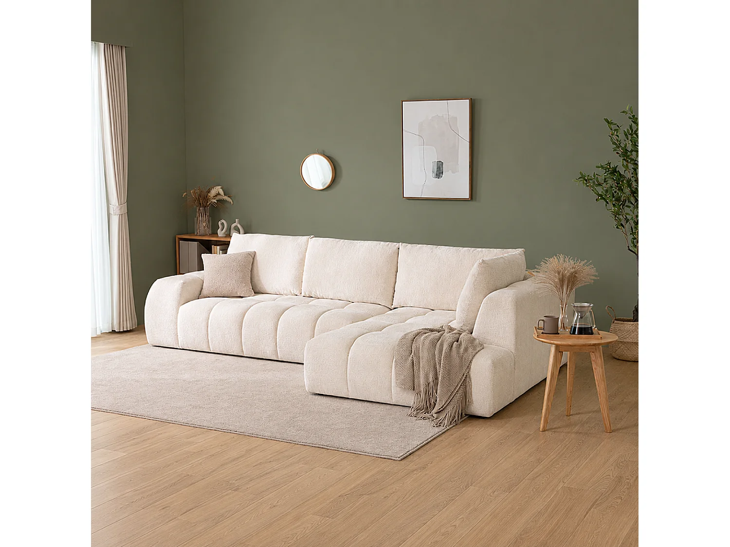 Canapé d'angle nuage 5 places en tissu chenille beige CHESTER