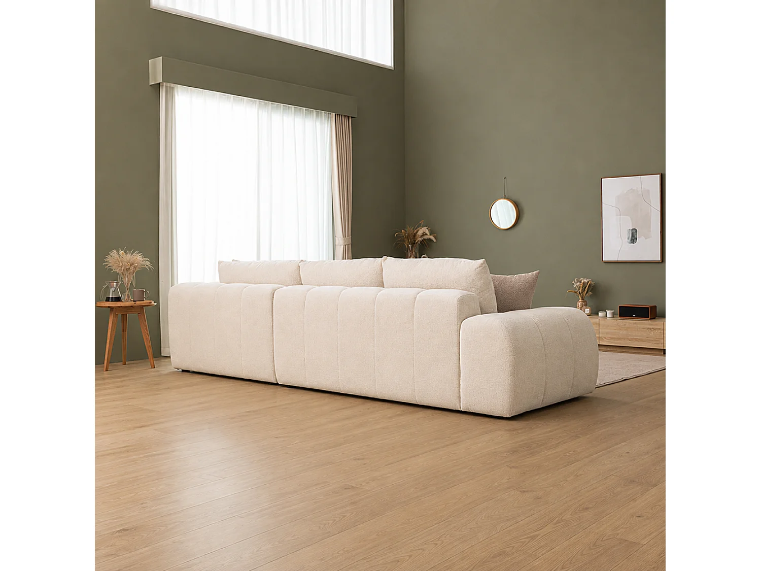 Canapé d'angle nuage 5 places en tissu chenille beige CHESTER