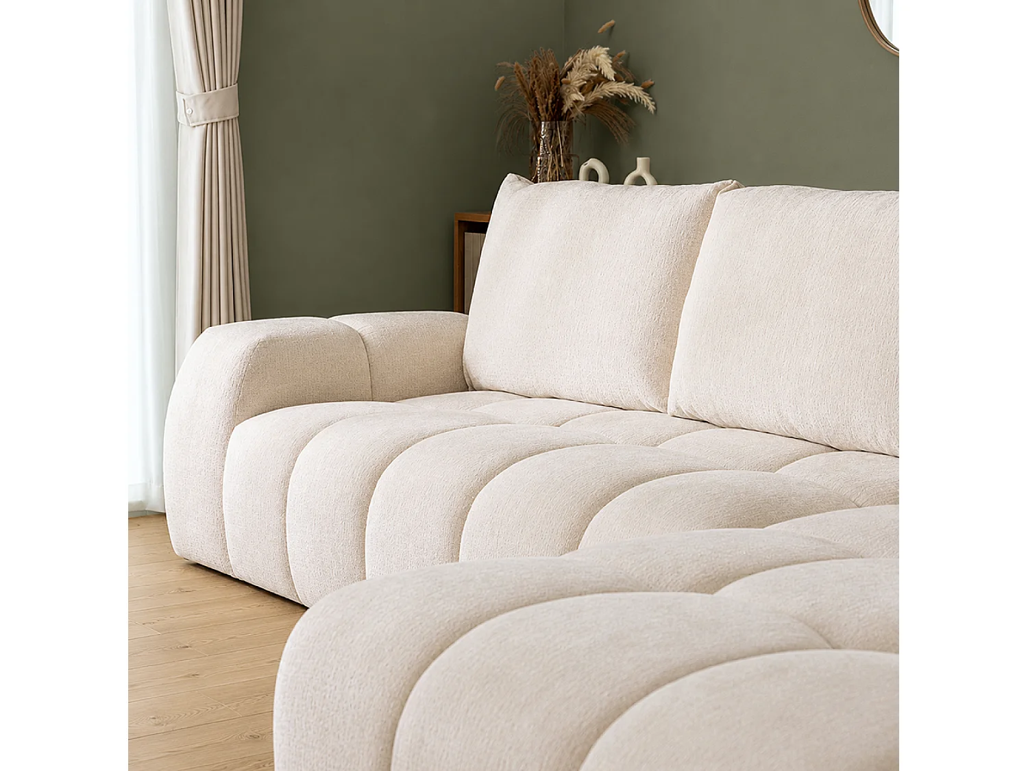 Canapé d'angle nuage 5 places en tissu chenille beige CHESTER