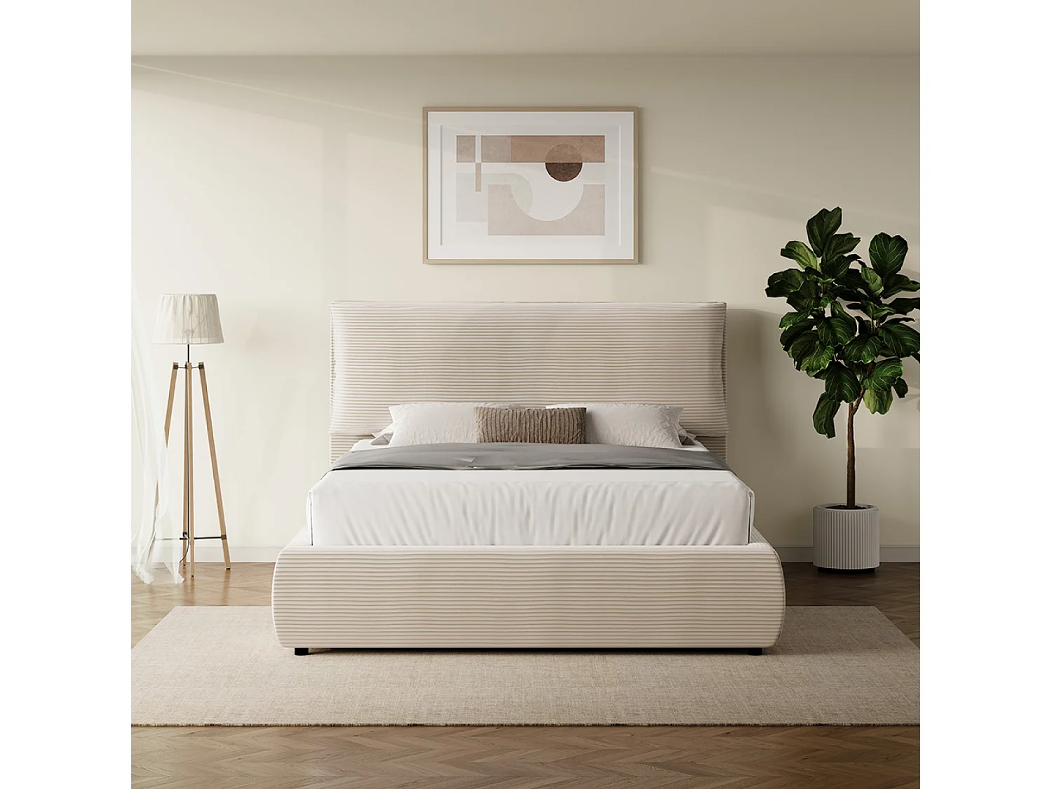 Lit avec coffre de rangement 140x190cm en velours côtelé beige FRESNO