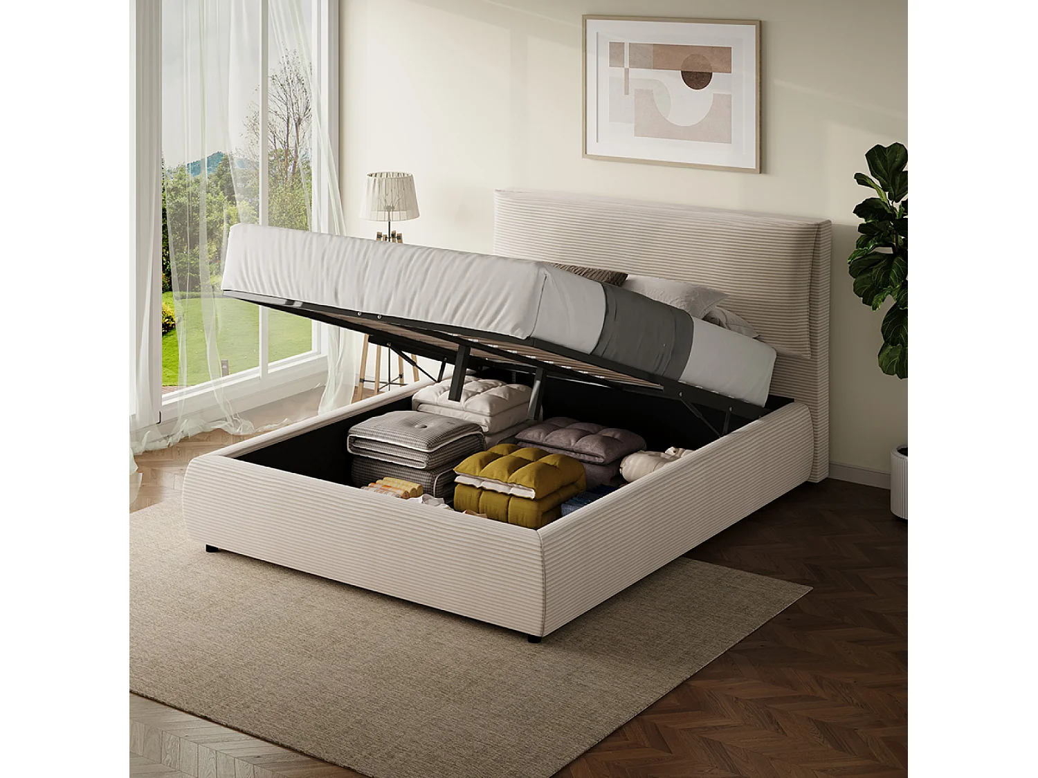 Lit avec coffre de rangement 140x190cm en velours côtelé beige FRESNO