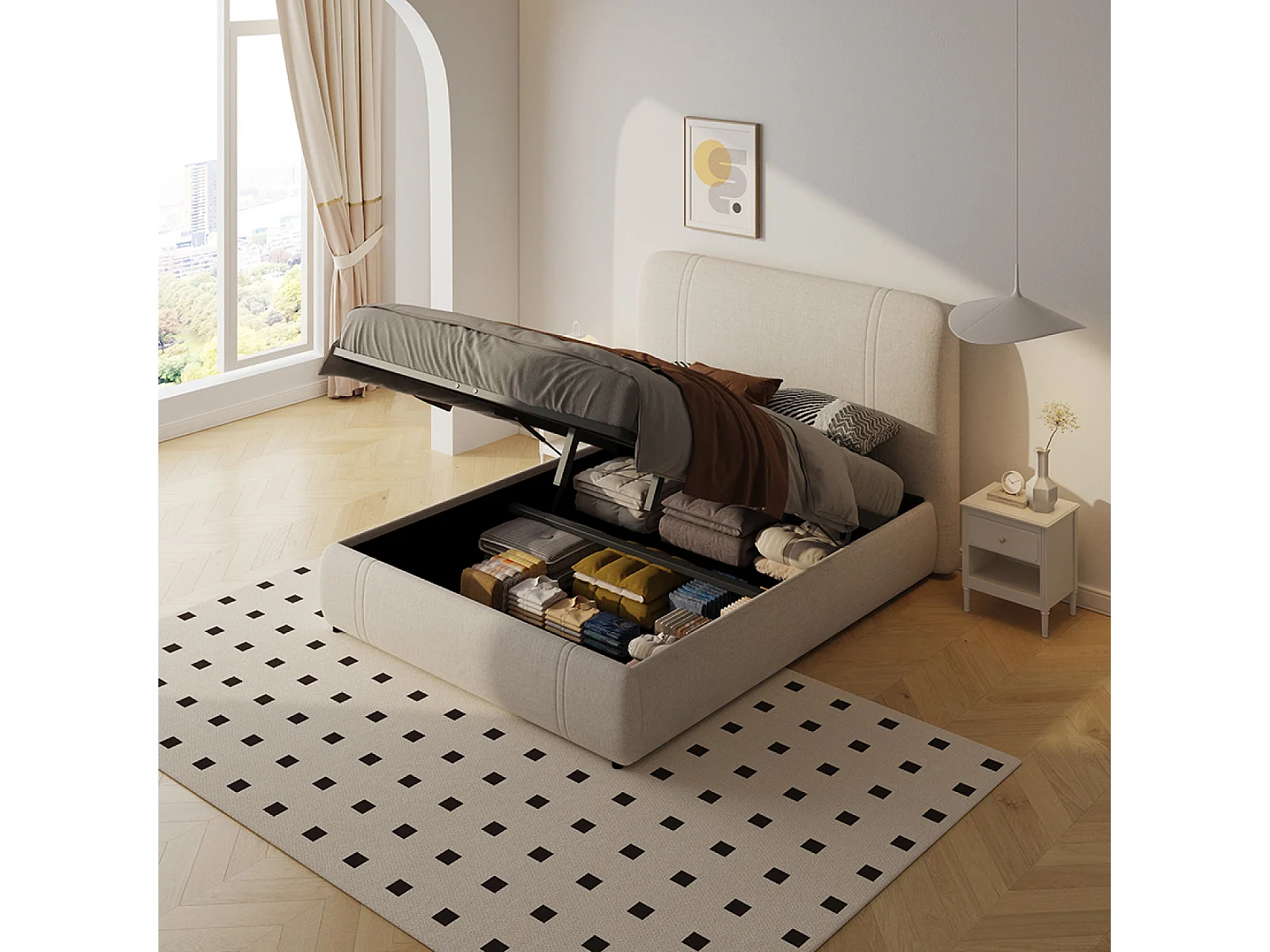 Lit avec coffre de rangement 140x190cm en velours beige MONTECITO