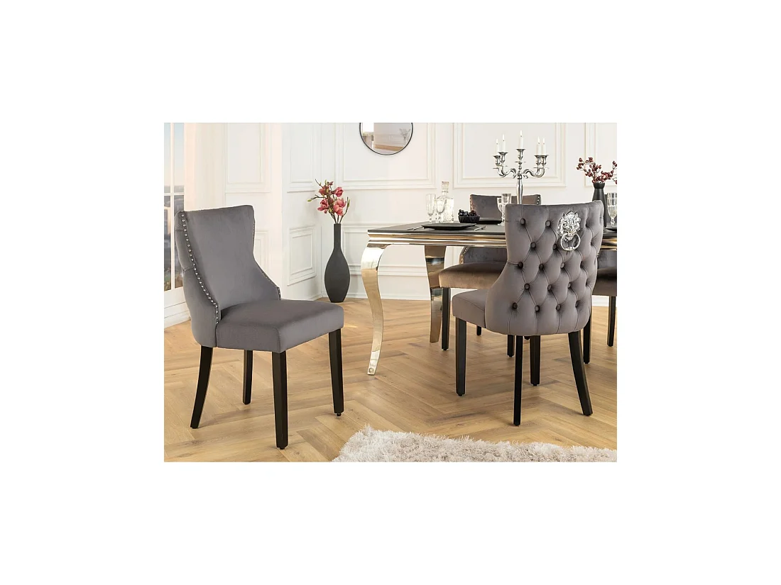 Lot de 2 chaises REGINA anthrazitgrau aus Samt – Mit gesteppter Rückenlehne, silbernem Löwenkopf und schwarzen Beinen