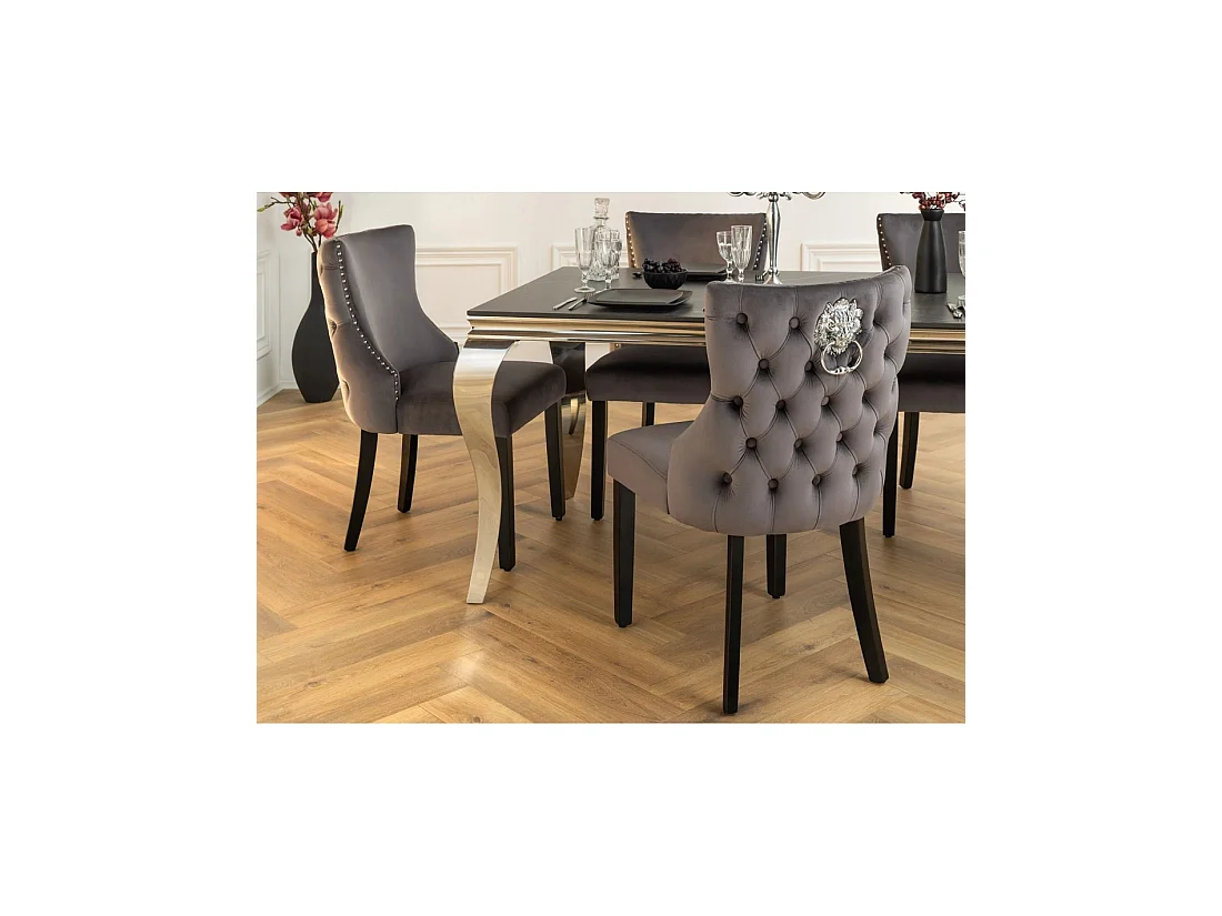Lot de 2 chaises REGINA anthrazitgrau aus Samt – Mit gesteppter Rückenlehne, silbernem Löwenkopf und schwarzen Beinen