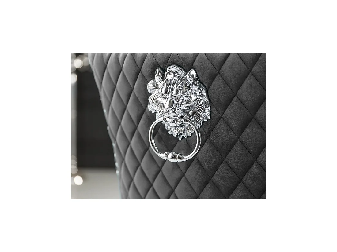 Lot de 2 chaises Chesterfield REGINA grises en velours matelassé – Tête de lion argentée, clous décoratifs et pieds en acier