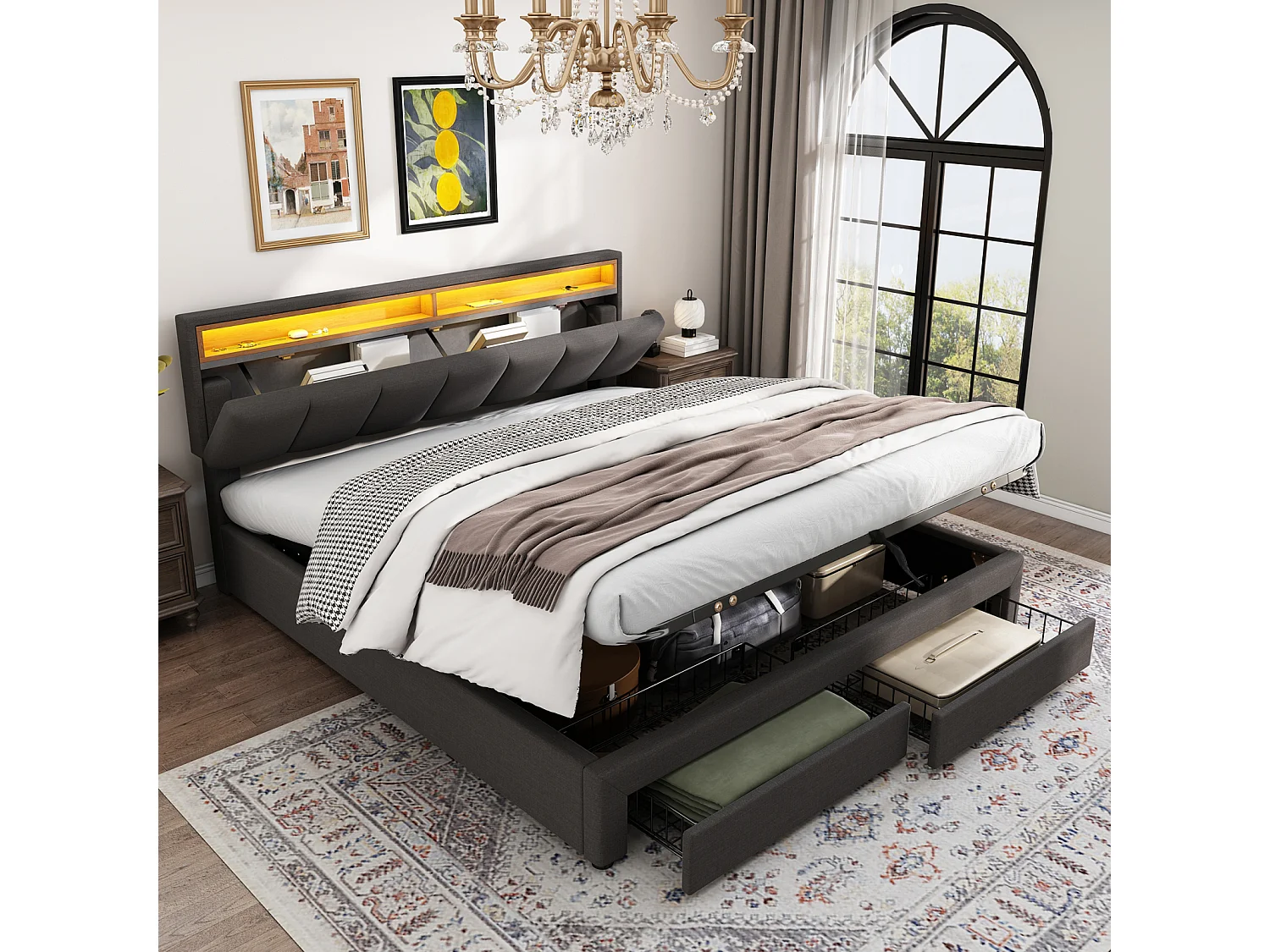 Lit double rembourré 160x200 cm avec LED réglable, rangement sous le lit, sommier à lattes en bois, tissu lin gris, sans matelas