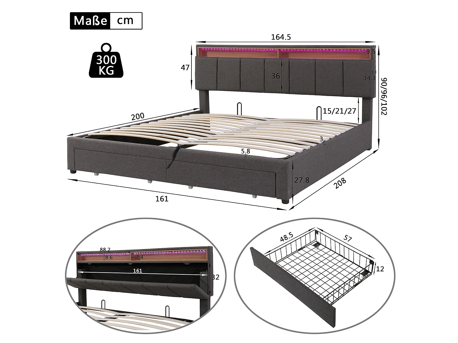 Lit double rembourré 160x200 cm avec LED réglable, rangement sous le lit, sommier à lattes en bois, tissu lin gris, sans matelas