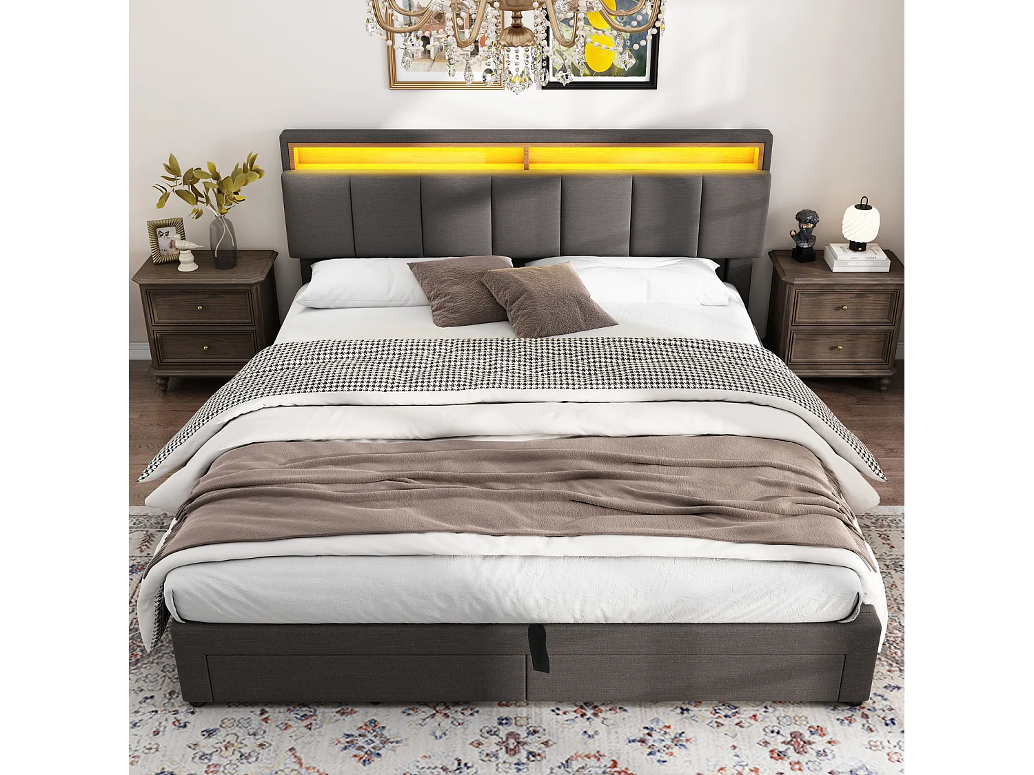 Lit double rembourré 160x200 cm avec LED réglable, rangement sous le lit, sommier à lattes en bois, tissu lin gris, sans matelas