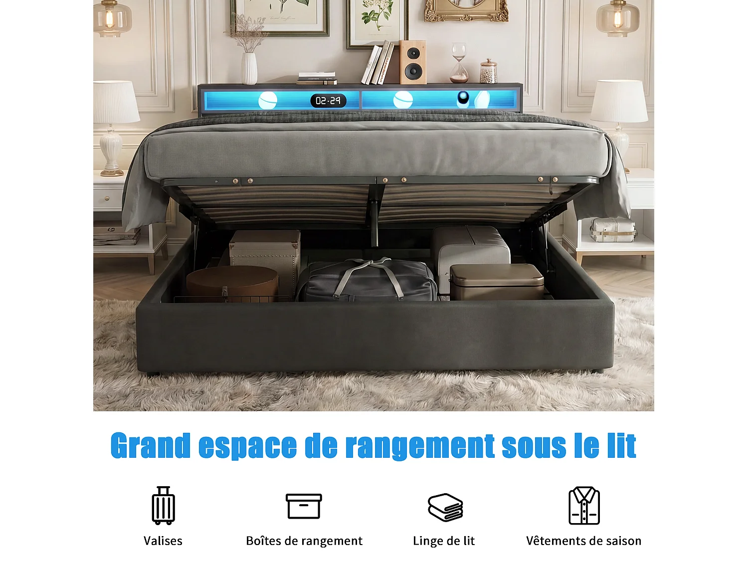Lit double rembourré 160x200 cm avec LED réglable, rangement sous le lit, sommier à lattes en bois, tissu lin gris, sans matelas