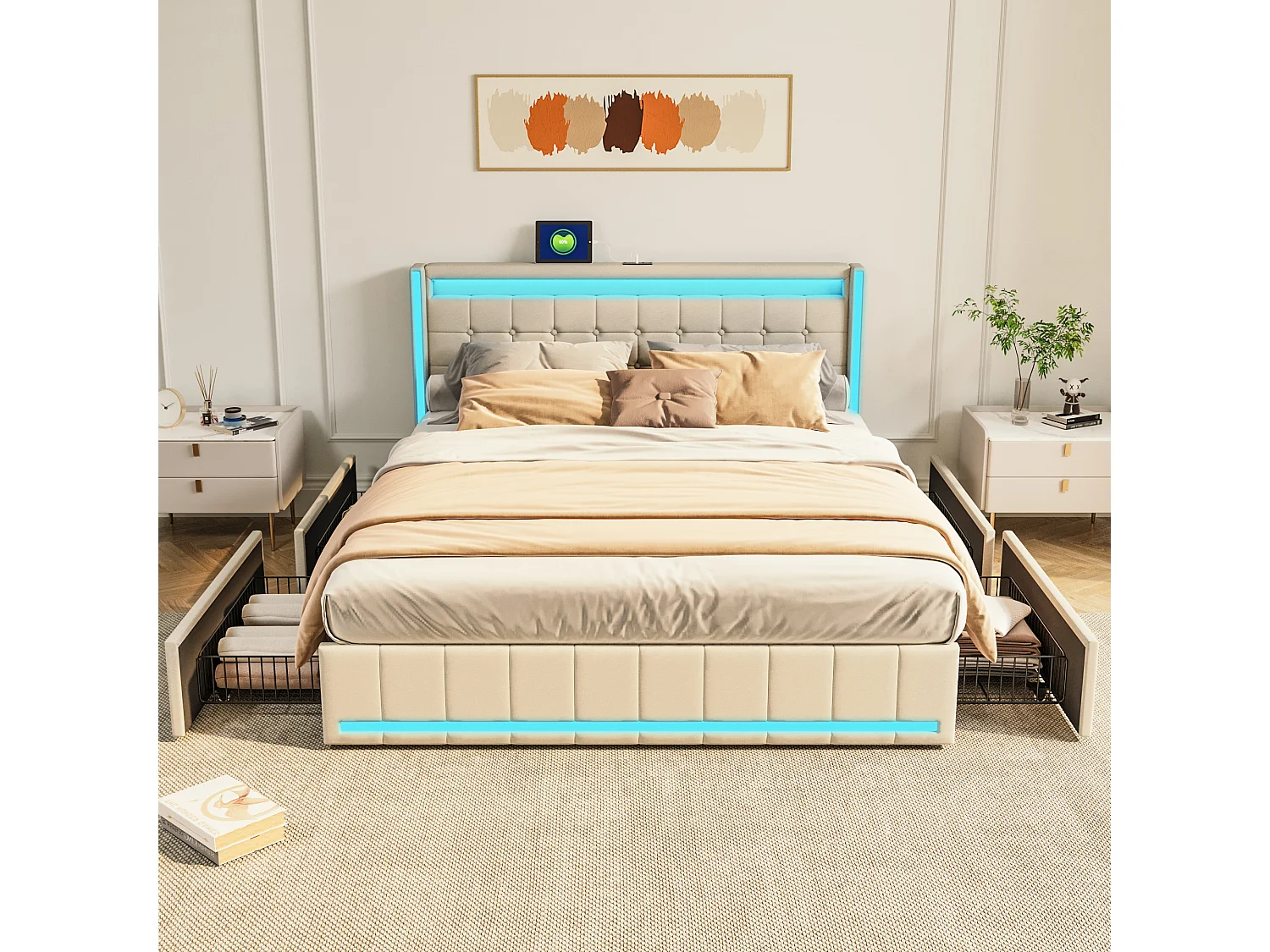 Lit double rembourré 140x190 cm avec LED et 4 tiroirs métalliques, cadre de lit en tissu lin gris/beige, rangement, sans matelas