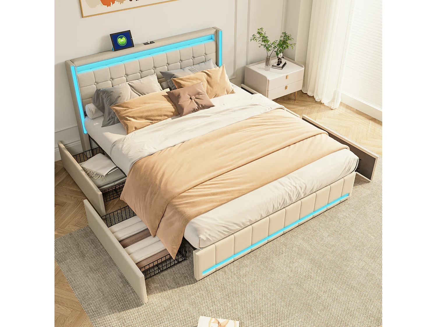 Lit double rembourré 140x190 cm avec LED et 4 tiroirs métalliques, cadre de lit en tissu lin gris/beige, rangement, sans matelas