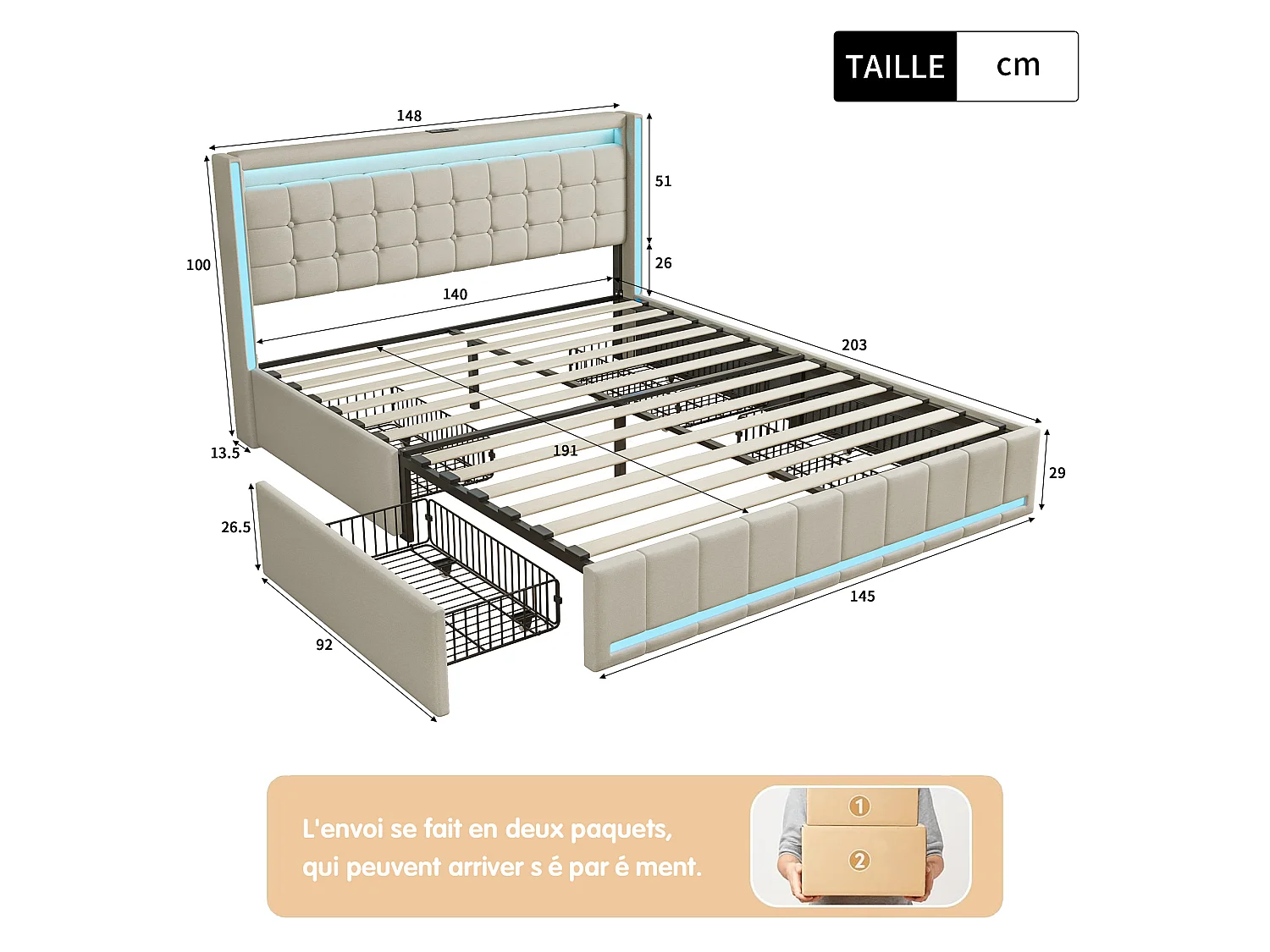 Lit double rembourré 140x190 cm avec LED et 4 tiroirs métalliques, cadre de lit en tissu lin gris/beige, rangement, sans matelas