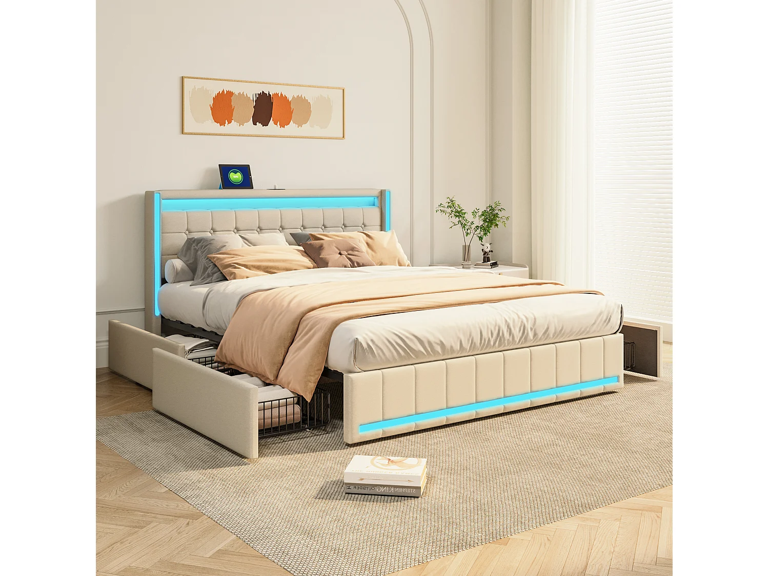 Lit double rembourré 140x190 cm avec LED et 4 tiroirs métalliques, cadre de lit en tissu lin gris/beige, rangement, sans matelas