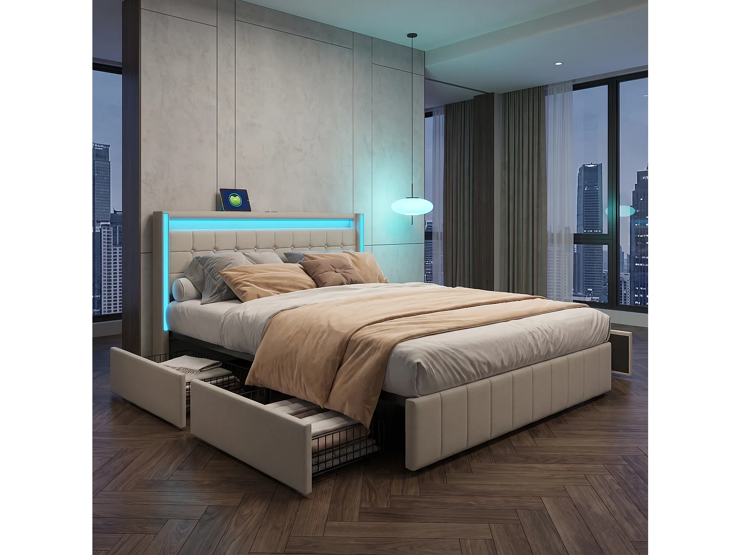 Lit double rembourré 140x190 cm avec LED et 4 tiroirs métalliques, cadre de lit en tissu lin gris/beige, rangement, sans matelas