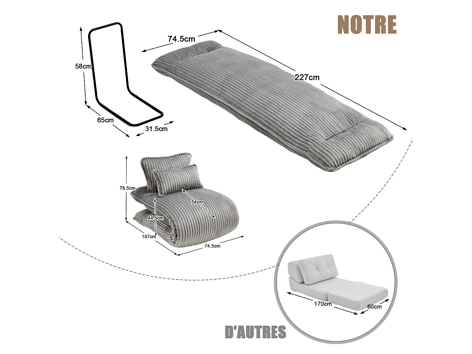 Fauteuil Convertible & Chauffeuse en Velours Côtelé pour Salon, Studio et Chambre - Lit Pliable 227 cm