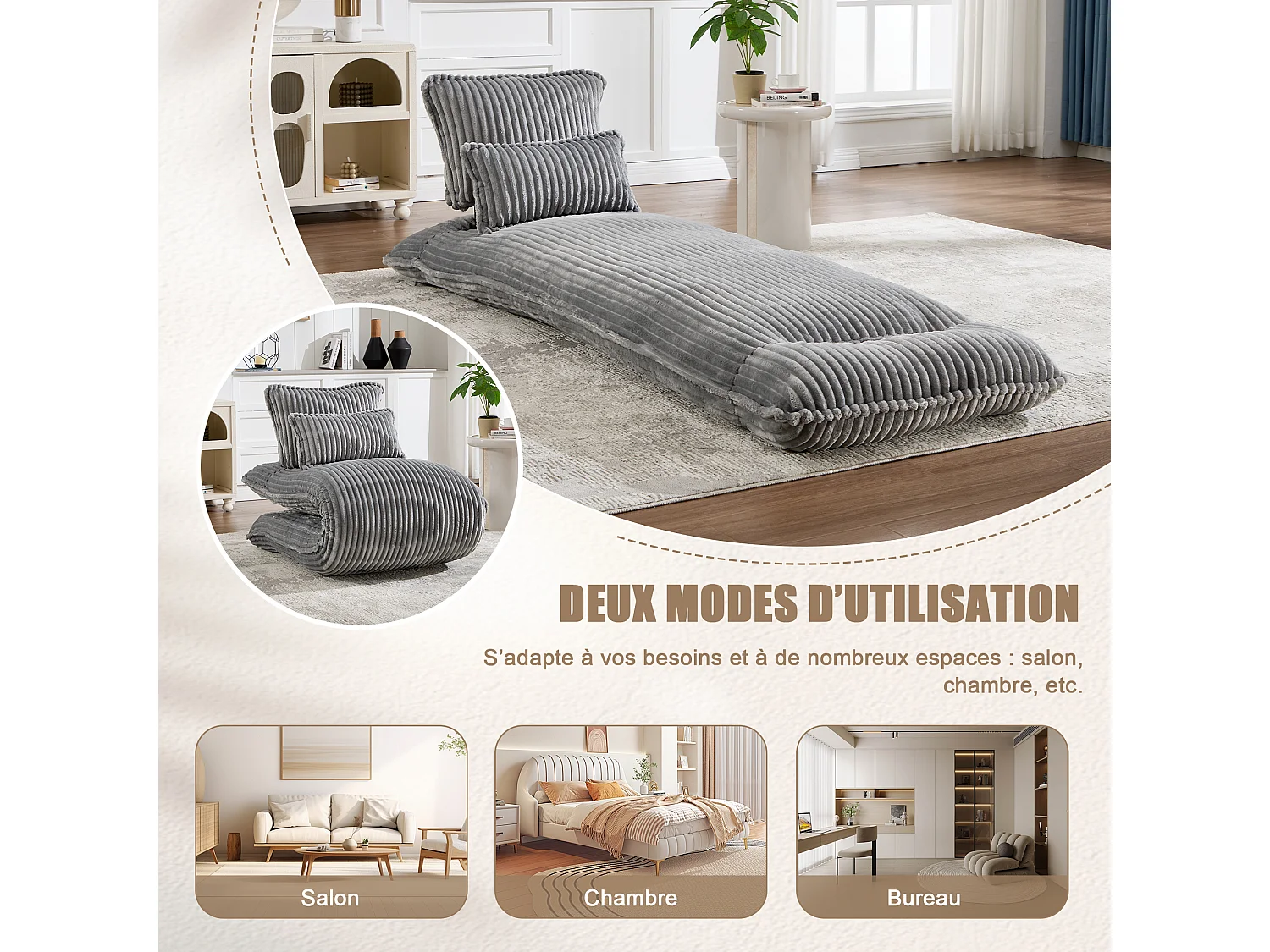Fauteuil Convertible & Chauffeuse en Velours Côtelé pour Salon, Studio et Chambre - Lit Pliable 227 cm