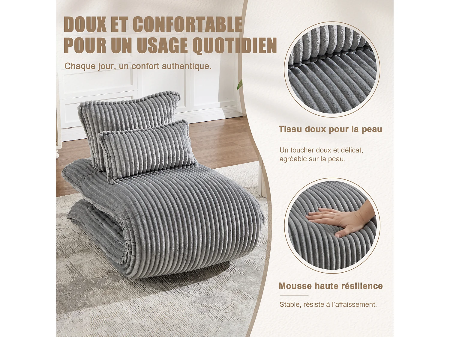 Fauteuil Convertible & Chauffeuse en Velours Côtelé pour Salon, Studio et Chambre - Lit Pliable 227 cm