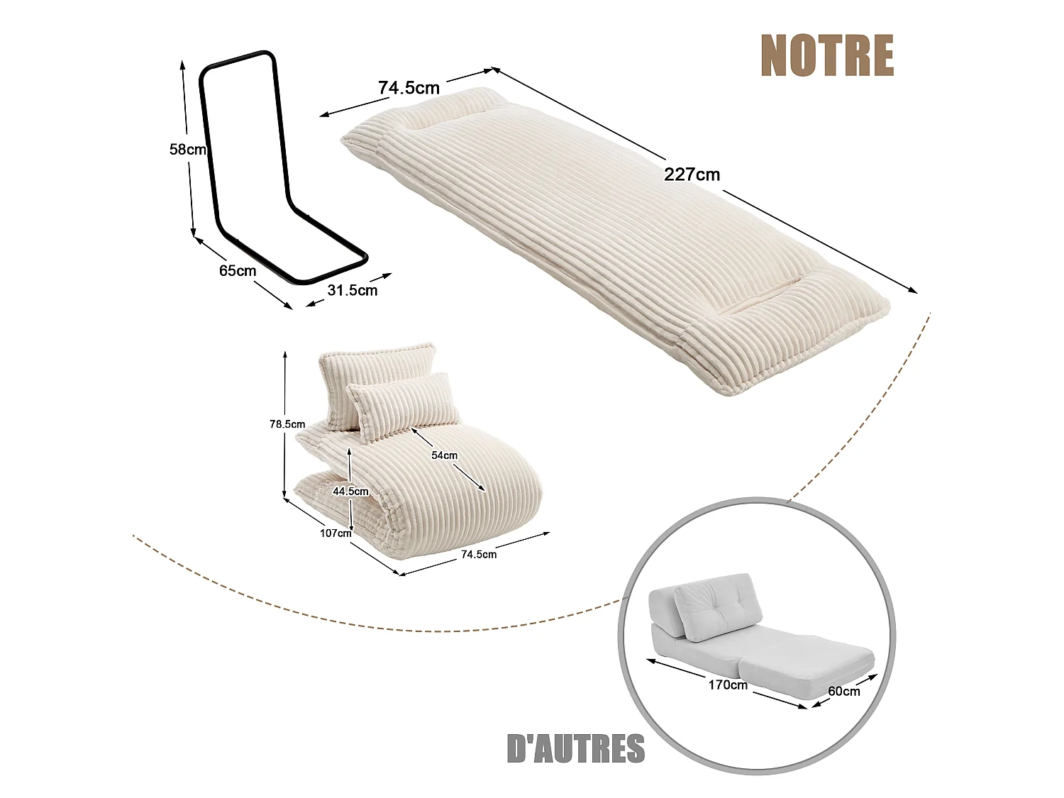 Fauteuil Convertible & Chauffeuse en Velours Côtelé pour Salon, Studio et Chambre - Lit Pliable 227 cm