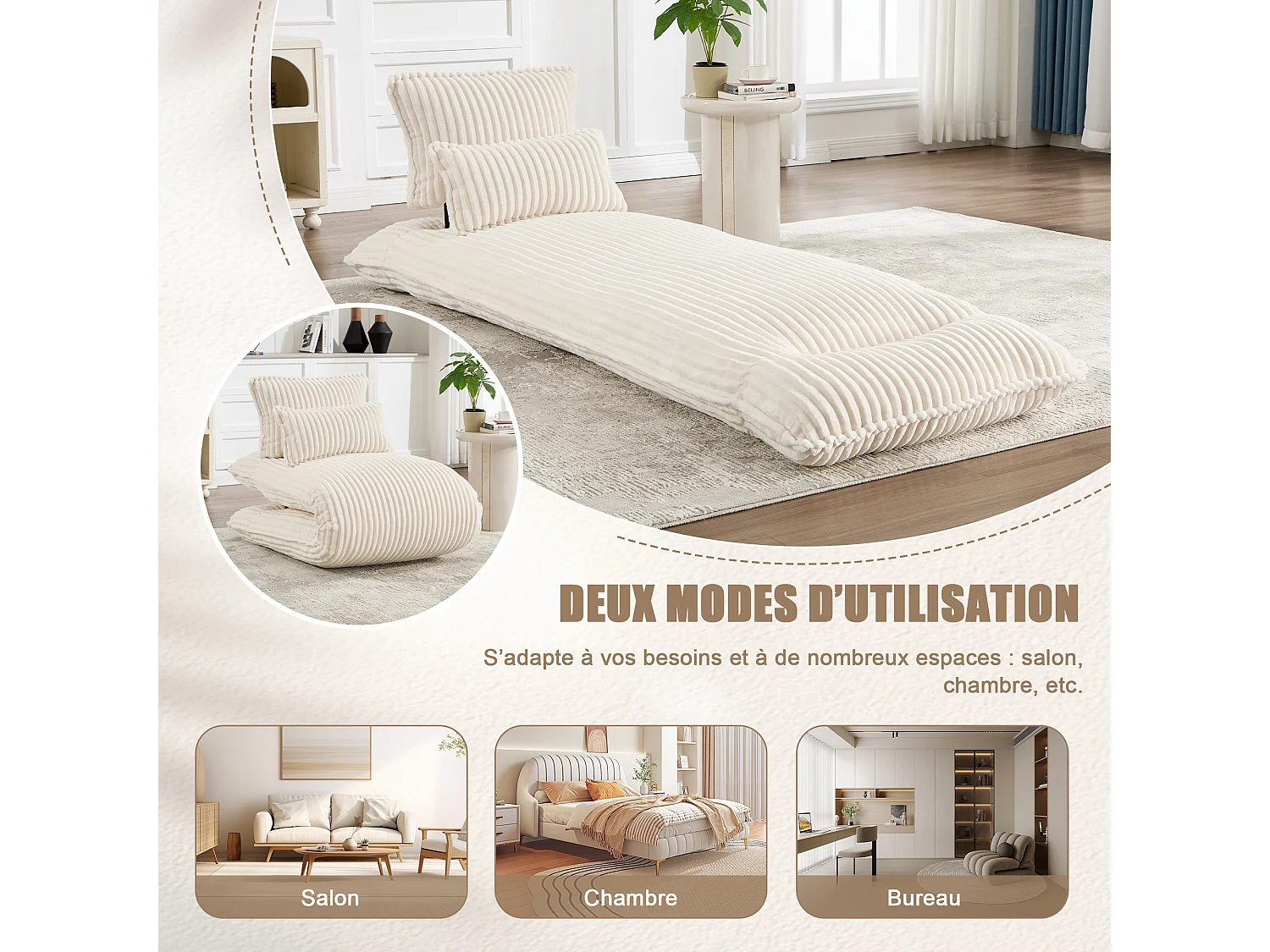 Fauteuil Convertible & Chauffeuse en Velours Côtelé pour Salon, Studio et Chambre - Lit Pliable 227 cm