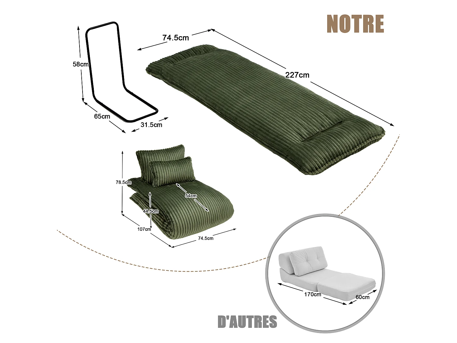 Fauteuil Convertible & Chauffeuse en Velours Côtelé pour Salon, Studio et Chambre - Lit Pliable 227 cm