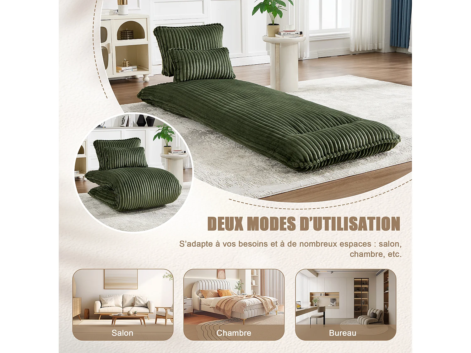 Fauteuil Convertible & Chauffeuse en Velours Côtelé pour Salon, Studio et Chambre - Lit Pliable 227 cm