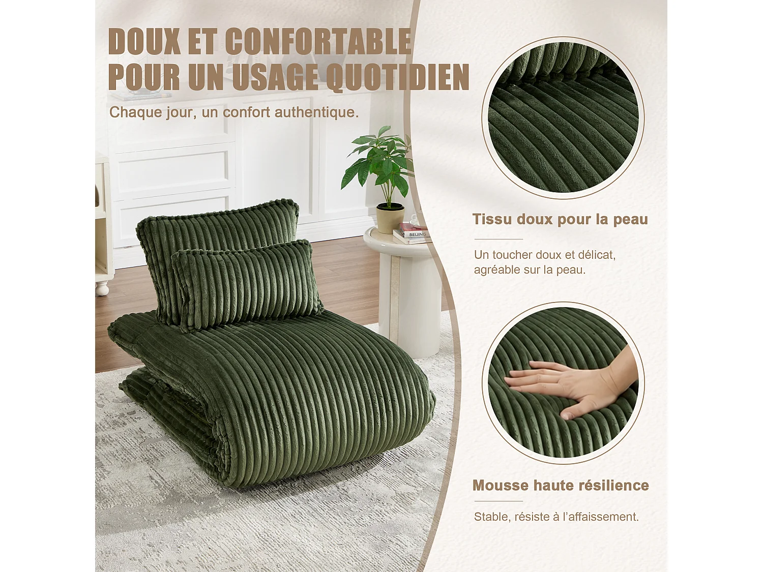 Fauteuil Convertible & Chauffeuse en Velours Côtelé pour Salon, Studio et Chambre - Lit Pliable 227 cm