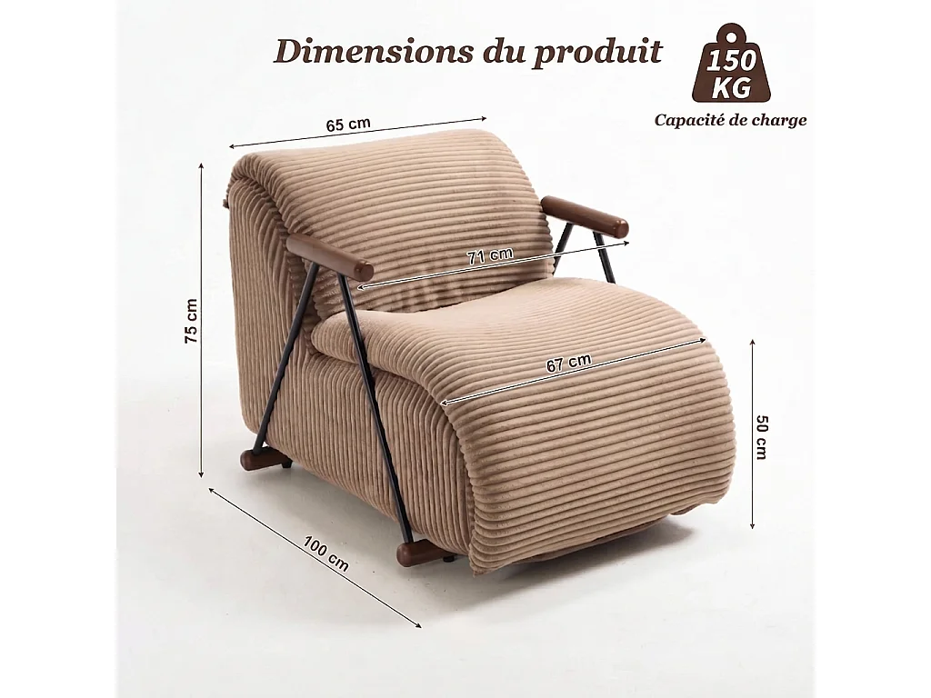 Fauteuil Salon Fixe en Velours Côtelé - Design Ergonomique, Confort Moelleux, Accoudoirs en Bois, Structure Robuste pour Salon et Chambre