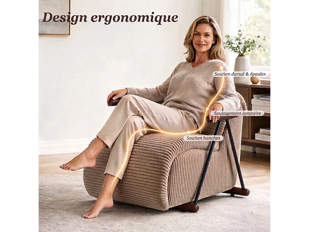 Fauteuil Salon Fixe en Velours Côtelé - Design Ergonomique, Confort Moelleux, Accoudoirs en Bois, Structure Robuste pour Salon et Chambre