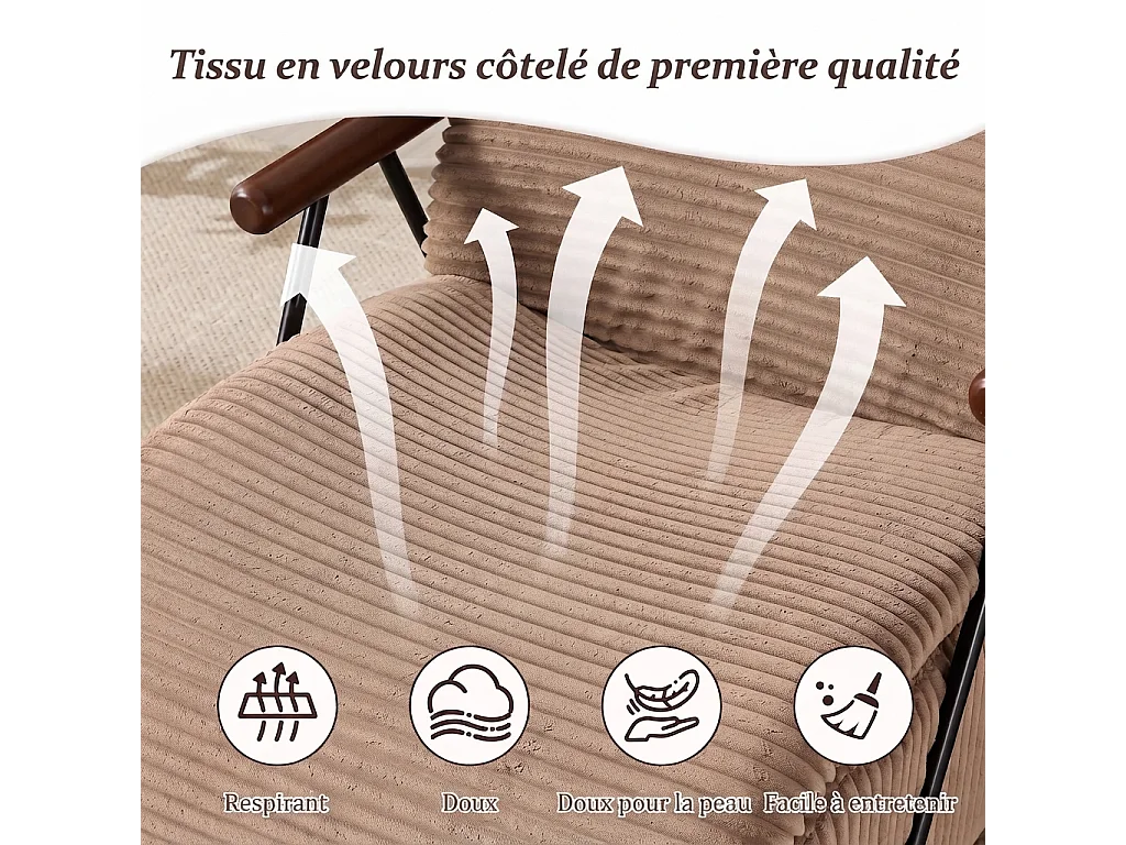 Fauteuil Salon Fixe en Velours Côtelé - Design Ergonomique, Confort Moelleux, Accoudoirs en Bois, Structure Robuste pour Salon et Chambre