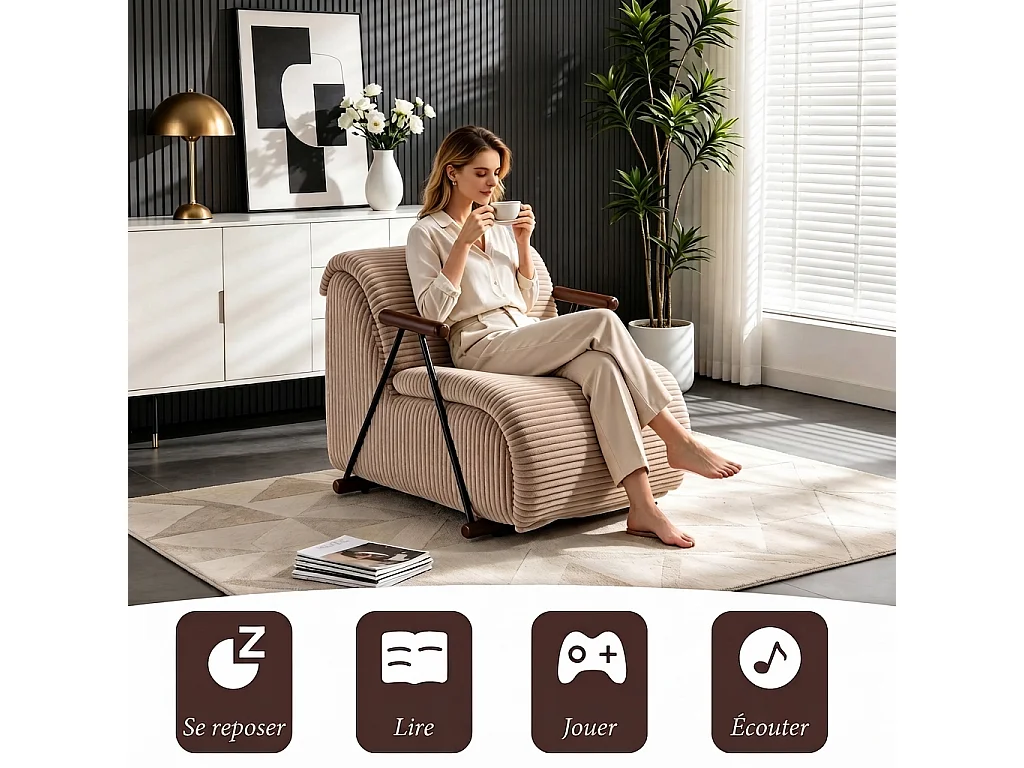 Fauteuil Salon Fixe en Velours Côtelé - Design Ergonomique, Confort Moelleux, Accoudoirs en Bois, Structure Robuste pour Salon et Chambre