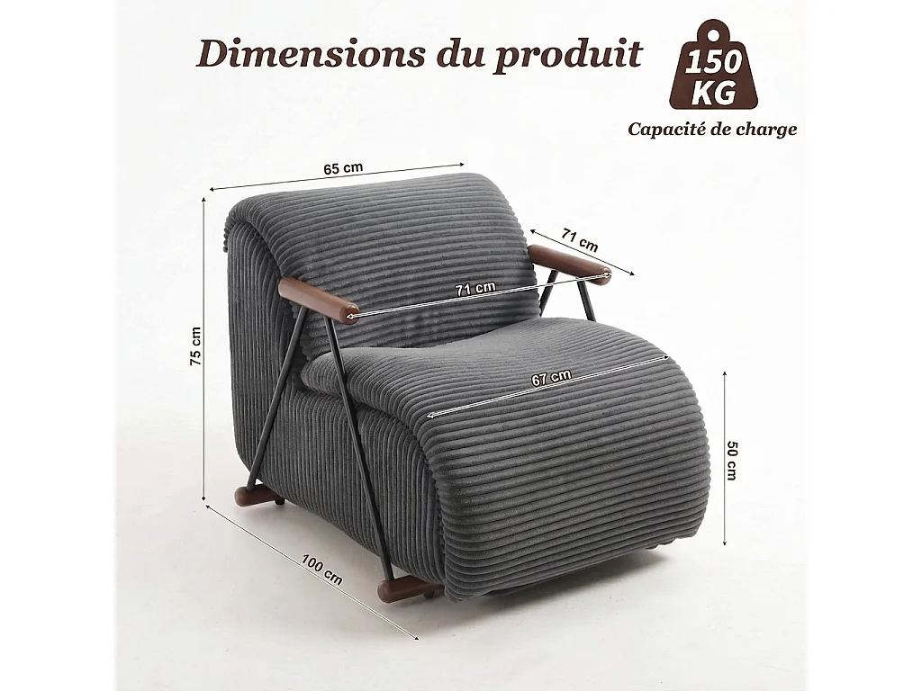 Fauteuil Salon Fixe en Velours Côtelé - Design Ergonomique, Confort Moelleux, Accoudoirs en Bois, Structure Robuste pour Salon et Chambre
