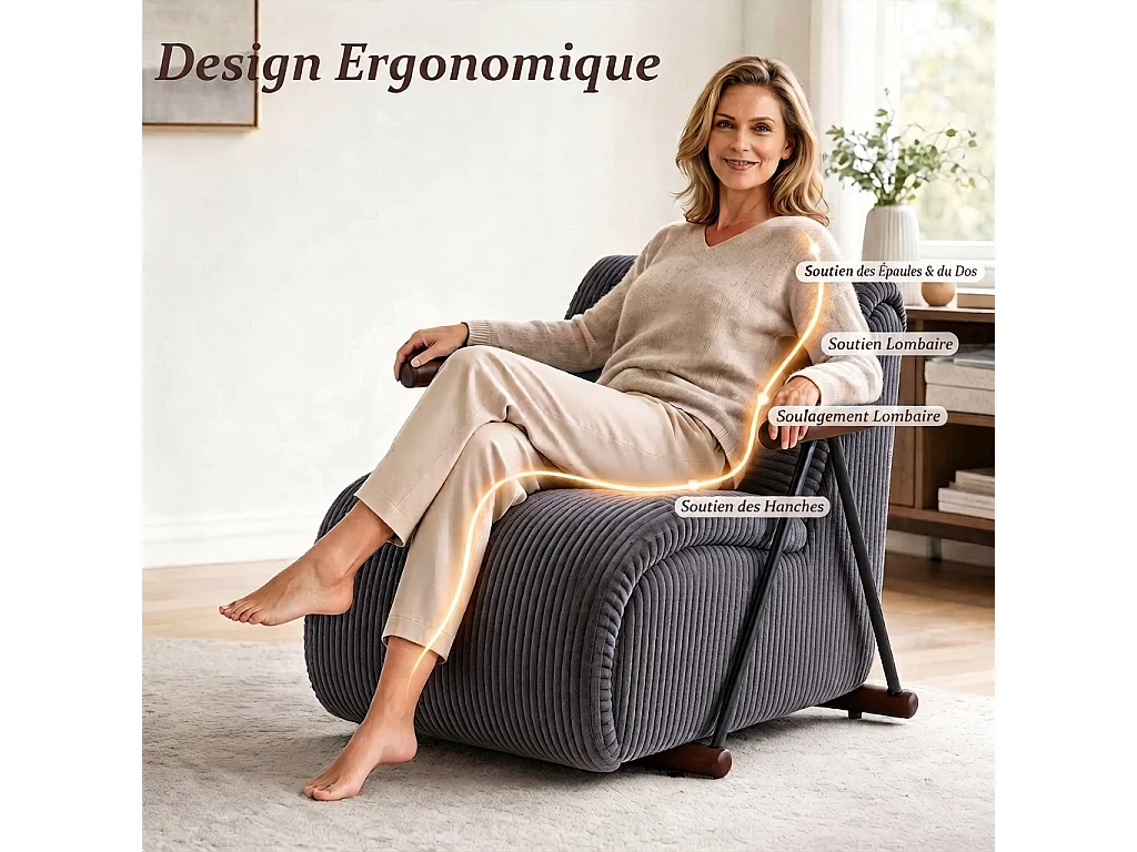 Fauteuil Salon Fixe en Velours Côtelé - Design Ergonomique, Confort Moelleux, Accoudoirs en Bois, Structure Robuste pour Salon et Chambre
