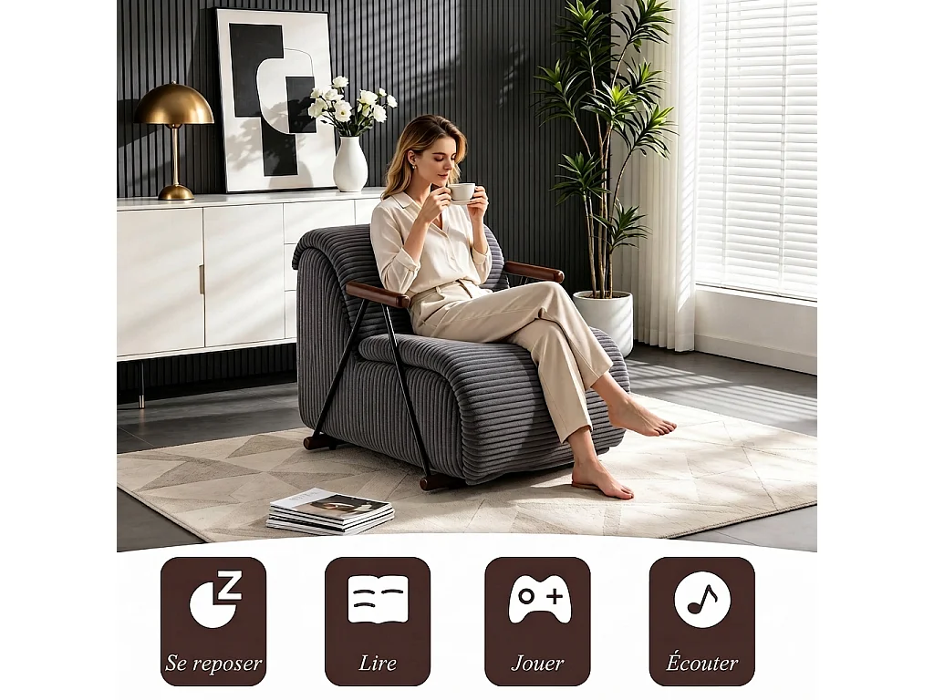 Fauteuil Salon Fixe en Velours Côtelé - Design Ergonomique, Confort Moelleux, Accoudoirs en Bois, Structure Robuste pour Salon et Chambre